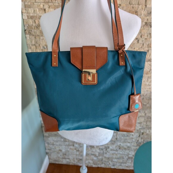 Tory Burch Penn Nylon Faux Leather 14" Tote Shoulder Bag Teal Brown GUC - Picture 2 of 16